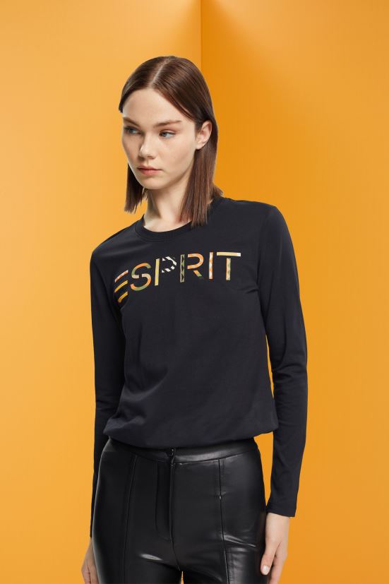 Esprit t-shirt a maniche lunghe con logo nero donne magliette 4RNDH460